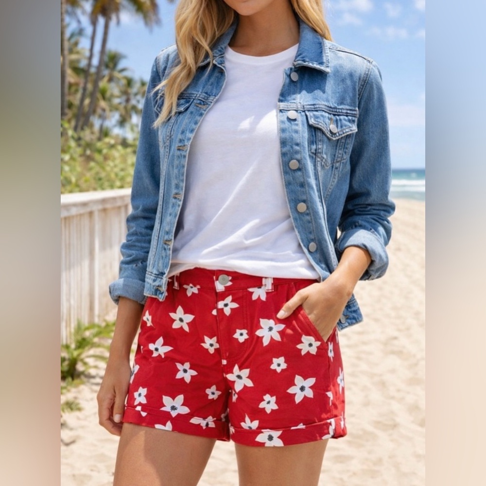 SO Favorite Midi Floral Shorts Juniors 17 Red White Low Rise Stretch Summer NWT